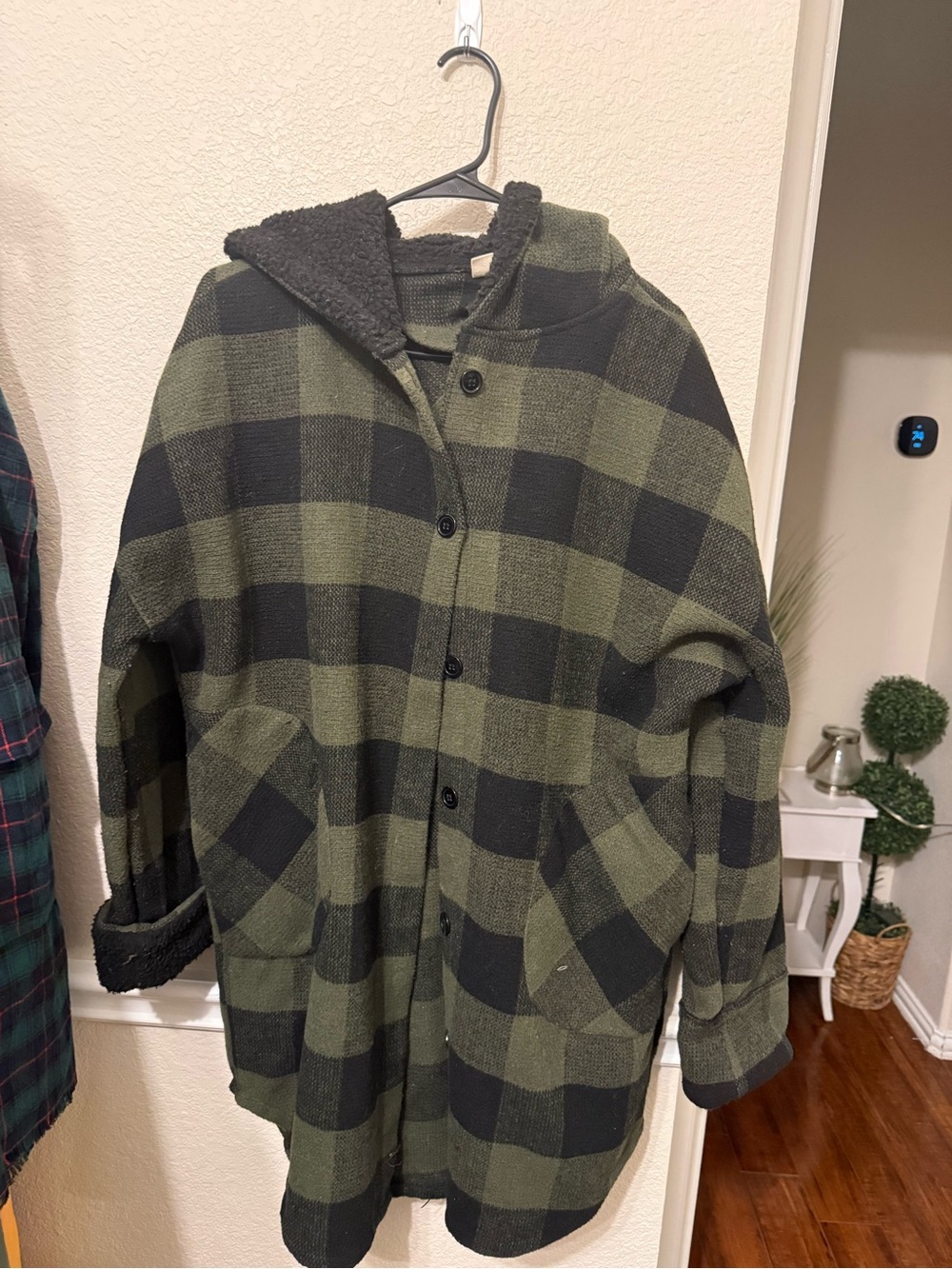 Olive Green & Black Plaid Hooded Coat mediim Cloth